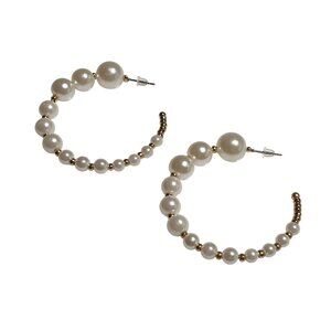 Gold Pearl Beaded Hoop Earrings Post Back Fashion Jewelry Gift Costume Women
